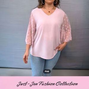 Pink Polyester Swiss Dot Contrast Plus Size Top